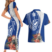 Blue Guam Hafa Adai Couples Matching Short Sleeve Bodycon Dress and Hawaiian Shirt Tropical Flowers with Polynesian Pattern LT9 - Polynesian Pride