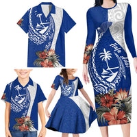 Blue Guam Hafa Adai Family Matching Long Sleeve Bodycon Dress and Hawaiian Shirt Tropical Flowers with Polynesian Pattern LT9 - Polynesian Pride