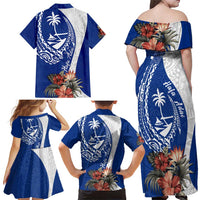 Blue Guam Hafa Adai Family Matching Off Shoulder Maxi Dress and Hawaiian Shirt Tropical Flowers with Polynesian Pattern LT9 - Polynesian Pride