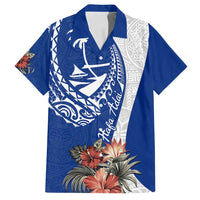 Blue Guam Hafa Adai Family Matching Off Shoulder Maxi Dress and Hawaiian Shirt Tropical Flowers with Polynesian Pattern LT9 Dad's Shirt - Short Sleeve Blue - Polynesian Pride