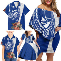 Blue Guam Hafa Adai Family Matching Off Shoulder Short Dress and Hawaiian Shirt Tropical Flowers with Polynesian Pattern LT9 - Polynesian Pride