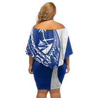 Blue Guam Hafa Adai Family Matching Off Shoulder Short Dress and Hawaiian Shirt Tropical Flowers with Polynesian Pattern LT9 - Polynesian Pride