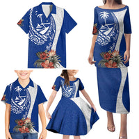 Blue Guam Hafa Adai Family Matching Puletasi and Hawaiian Shirt Tropical Flowers with Polynesian Pattern LT9 - Polynesian Pride