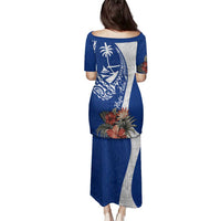 Blue Guam Hafa Adai Family Matching Puletasi and Hawaiian Shirt Tropical Flowers with Polynesian Pattern LT9 - Polynesian Pride