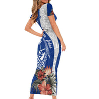 Blue Guam Hafa Adai Family Matching Short Sleeve Bodycon Dress and Hawaiian Shirt Tropical Flowers with Polynesian Pattern LT9 - Polynesian Pride