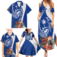Blue Guam Hafa Adai Family Matching Summer Maxi Dress and Hawaiian Shirt Tropical Flowers with Polynesian Pattern LT9 - Polynesian Pride