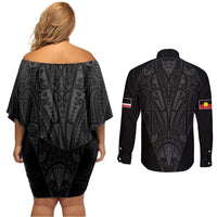 Queensland Maori Rugby Nga Hau e Wha Couples Matching Off Shoulder Short Dress and Long Sleeve Button Shirt Black Motif LT9 - Polynesian Pride