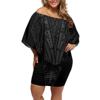 Queensland Maori Rugby Nga Hau e Wha Family Matching Off Shoulder Short Dress and Hawaiian Shirt Black Motif LT9 Mom's Dress Black - Polynesian Pride