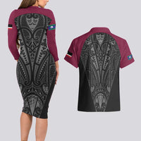 Queensland Maori Rugby Nga Hau e Wha Couples Matching Long Sleeve Bodycon Dress and Hawaiian Shirt Maroon Motif LT9 - Polynesian Pride