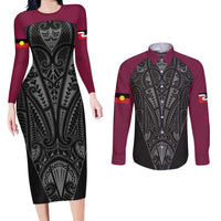 Queensland Maori Rugby Nga Hau e Wha Couples Matching Long Sleeve Bodycon Dress and Long Sleeve Button Shirt Maroon Motif LT9 Maroon - Polynesian Pride