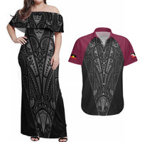 Queensland Maori Rugby Nga Hau e Wha Couples Matching Off Shoulder Maxi Dress and Hawaiian Shirt Maroon Motif LT9 Maroon - Polynesian Pride