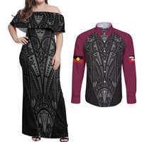 Queensland Maori Rugby Nga Hau e Wha Couples Matching Off Shoulder Maxi Dress and Long Sleeve Button Shirt Maroon Motif LT9 Maroon - Polynesian Pride