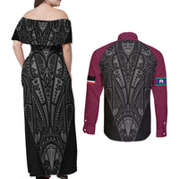Queensland Maori Rugby Nga Hau e Wha Couples Matching Off Shoulder Maxi Dress and Long Sleeve Button Shirt Maroon Motif LT9 - Polynesian Pride