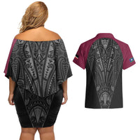 Queensland Maori Rugby Nga Hau e Wha Couples Matching Off Shoulder Short Dress and Hawaiian Shirt Maroon Motif LT9 - Polynesian Pride