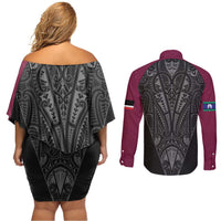 Queensland Maori Rugby Nga Hau e Wha Couples Matching Off Shoulder Short Dress and Long Sleeve Button Shirt Maroon Motif LT9 - Polynesian Pride