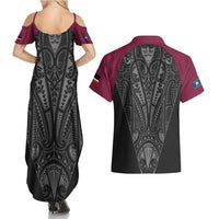 Queensland Maori Rugby Nga Hau e Wha Couples Matching Summer Maxi Dress and Hawaiian Shirt Maroon Motif LT9 - Polynesian Pride