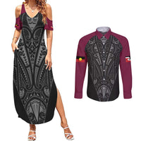 Queensland Maori Rugby Nga Hau e Wha Couples Matching Summer Maxi Dress and Long Sleeve Button Shirt Maroon Motif LT9 Maroon - Polynesian Pride