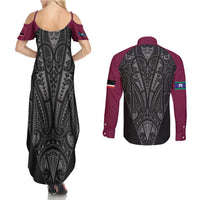 Queensland Maori Rugby Nga Hau e Wha Couples Matching Summer Maxi Dress and Long Sleeve Button Shirt Maroon Motif LT9 - Polynesian Pride