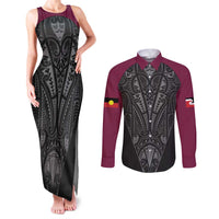 Queensland Maori Rugby Nga Hau e Wha Couples Matching Tank Maxi Dress and Long Sleeve Button Shirt Maroon Motif LT9 Maroon - Polynesian Pride