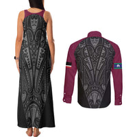 Queensland Maori Rugby Nga Hau e Wha Couples Matching Tank Maxi Dress and Long Sleeve Button Shirt Maroon Motif LT9 - Polynesian Pride