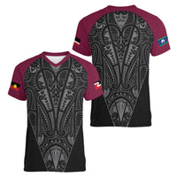 Queensland Maori Rugby Nga Hau e Wha Women V-Neck T-Shirt Maroon Motif LT9 - Polynesian Pride