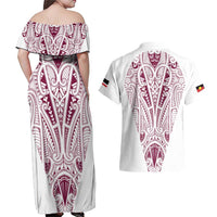 Queensland Maori Rugby Nga Hau e Wha Couples Matching Off Shoulder Maxi Dress and Hawaiian Shirt White Motif LT9 - Polynesian Pride
