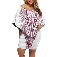 Queensland Maori Rugby Nga Hau e Wha Family Matching Off Shoulder Short Dress and Hawaiian Shirt White Motif LT9 Mom's Dress White - Polynesian Pride