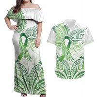 Its Okay Green Ribbon Personalised Couples Matching Off Shoulder Maxi Dress and Hawaiian Shirt Polynesian Depression Awareness LT9 Green - Polynesian Pride