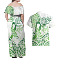 Its Okay Green Ribbon Personalised Couples Matching Off Shoulder Maxi Dress and Hawaiian Shirt Polynesian Depression Awareness LT9 - Polynesian Pride