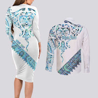 Kahui Whetu Paua shell Kowhaiwhai Taniko Personalised Couples Matching Long Sleeve Bodycon Dress and Long Sleeve Button Shirt Manta Ray Shark-Turtle Maori Tribal Style LT9 - Polynesian Pride