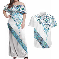 Kahui Whetu Paua shell Kowhaiwhai Taniko Personalised Couples Matching Off Shoulder Maxi Dress and Hawaiian Shirt Manta Ray Shark-Turtle Maori Tribal Style LT9 Blue - Polynesian Pride