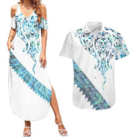Kahui Whetu Paua shell Kowhaiwhai Taniko Personalised Couples Matching Summer Maxi Dress and Hawaiian Shirt Manta Ray Shark-Turtle Maori Tribal Style LT9 Blue - Polynesian Pride