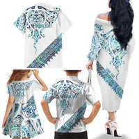 Kahui Whetu Paua shell Kowhaiwhai Taniko Personalised Family Matching Off The Shoulder Long Sleeve Dress and Hawaiian Shirt Manta Ray Shark-Turtle Maori Tribal Style LT9 - Polynesian Pride