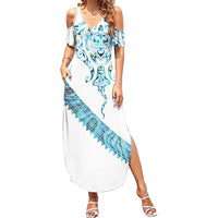 Kahui Whetu Paua shell Kowhaiwhai Taniko Personalised Summer Maxi Dress Manta Ray Shark-Turtle Maori Tribal Style LT9 Women Blue - Polynesian Pride