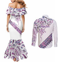 Mawhero Paua shell Kowhaiwhai Taniko Personalised Couples Matching Mermaid Dress and Long Sleeve Button Shirt Manta Ray Shark-Turtle Maori Tribal Style LT9 - Polynesian Pride