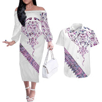 Mawhero Paua shell Kowhaiwhai Taniko Personalised Couples Matching Off The Shoulder Long Sleeve Dress and Hawaiian Shirt Manta Ray Shark-Turtle Maori Tribal Style LT9 Pink - Polynesian Pride