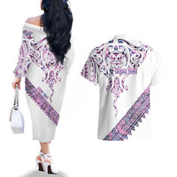 Mawhero Paua shell Kowhaiwhai Taniko Personalised Couples Matching Off The Shoulder Long Sleeve Dress and Hawaiian Shirt Manta Ray Shark-Turtle Maori Tribal Style LT9 - Polynesian Pride
