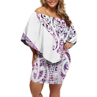 Mawhero Paua shell Kowhaiwhai Taniko Personalised Off Shoulder Short Dress Manta Ray Shark-Turtle Maori Tribal Style LT9 Women Pink - Polynesian Pride
