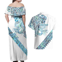 Kahui Whetu Paua shell Kowhaiwhai Taniko Personalised Couples Matching Off Shoulder Maxi Dress and Hawaiian Shirt Taniwha Maori Tribal Style LT9 - Polynesian Pride