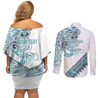 Kahui Whetu Paua shell Kowhaiwhai Taniko Personalised Couples Matching Off Shoulder Short Dress and Long Sleeve Button Shirt Taniwha Maori Tribal Style LT9 - Polynesian Pride