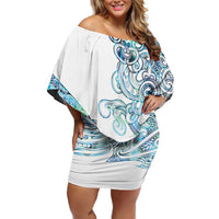 Kahui Whetu Paua shell Kowhaiwhai Taniko Personalised Off Shoulder Short Dress Taniwha Maori Tribal Style LT9 Women Blue - Polynesian Pride
