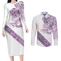 Mawhero Paua shell Kowhaiwhai Taniko Personalised Couples Matching Long Sleeve Bodycon Dress and Long Sleeve Button Shirt Taniwha Maori Tribal Style LT9 Pink - Polynesian Pride