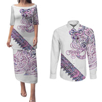 Mawhero Paua shell Kowhaiwhai Taniko Personalised Couples Matching Puletasi and Long Sleeve Button Shirt Taniwha Maori Tribal Style LT9 Pink - Polynesian Pride