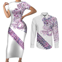 Mawhero Paua shell Kowhaiwhai Taniko Personalised Couples Matching Short Sleeve Bodycon Dress and Long Sleeve Button Shirt Taniwha Maori Tribal Style LT9 Pink - Polynesian Pride