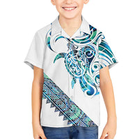Kahui Whetu Paua shell Kowhaiwhai Taniko Personalised Family Matching Off Shoulder Short Dress and Hawaiian Shirt Turtle Tattoo Maori Tribal Style LT9 Son's Shirt Blue - Polynesian Pride