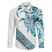 Kahui Whetu Paua shell Kowhaiwhai Taniko Personalised Family Matching Short Sleeve Bodycon Dress and Hawaiian Shirt Turtle Tattoo Maori Tribal Style LT9 Dad's Shirt - Long Sleeve Blue - Polynesian Pride