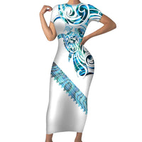 Kahui Whetu Paua shell Kowhaiwhai Taniko Personalised Family Matching Short Sleeve Bodycon Dress and Hawaiian Shirt Turtle Tattoo Maori Tribal Style LT9 Mom's Dress Blue - Polynesian Pride