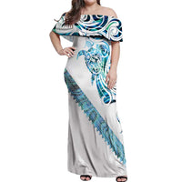 Kahui Whetu Paua shell Kowhaiwhai Taniko Personalised Off Shoulder Maxi Dress Turtle Tattoo Maori Tribal Style LT9 Women Blue - Polynesian Pride