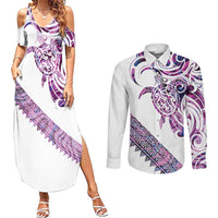Mawhero Paua shell Kowhaiwhai Taniko Personalised Couples Matching Summer Maxi Dress and Long Sleeve Button Shirt Turtle Tattoo Maori Tribal Style LT9 Pink - Polynesian Pride