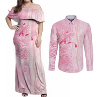 Breast Cancer Awareness Couples Matching Off Shoulder Maxi Dress and Long Sleeve Button Shirt Maile Pikake Lokelani Crown Flower Lei Inspired LT9 Pink - Polynesian Pride